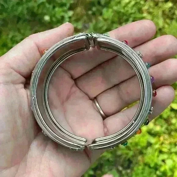 Multicolored Stone & Silver Cuff Bangle - Picture 5 of 5